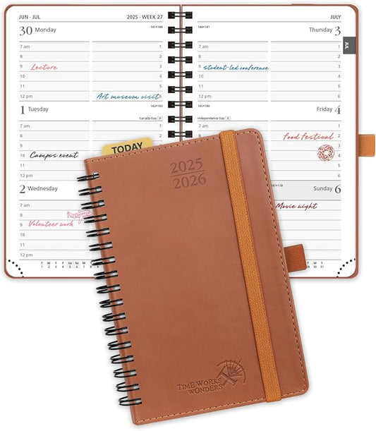 POPRUN Pocket Planner 2025-2026 (Purse Size 4'' x 6.25'') Academic Small Calendar (July 2025 - June 2026) with Hourly Time Slots, 100GSM Thick Papers, Spiral Leather Cover - Brown