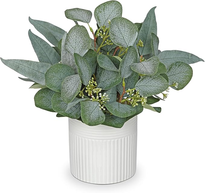 Artificial Plants Indoor with Pot, 11.8" Faux Eucalyptus Stems in Ceramic Vase for Table, Desk, Shelf, Small Fake Potted Plants Eucalyptus Leaves for Centerpieces, Living Room, Bathroom, Bedroom