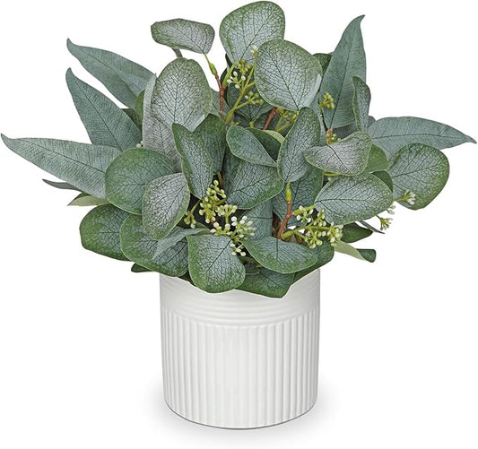 Artificial Plants Indoor with Pot, 11.8" Faux Eucalyptus Stems in Ceramic Vase for Table, Desk, Shelf, Small Fake Potted Plants Eucalyptus Leaves for Centerpieces, Living Room, Bathroom, Bedroom