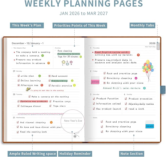 AHGXG 2026 Planner, Weekly and Monthly Planner 2026-2027, Large A4 8.5"x11", Calendar 15-Months Jan 2026 - Mar 2027, Vegan Leather SoftCover, Inner Pocket, Gray Blue