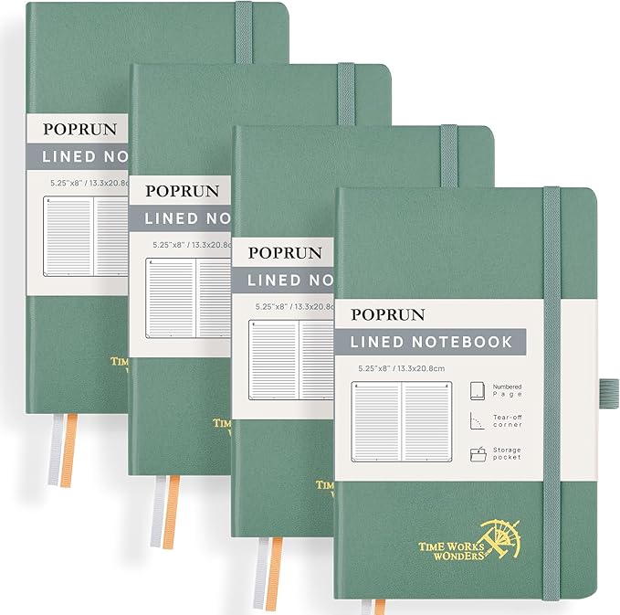 POPRUN Lined Journal Notebook for Women & Men, 4 PCS Medium Size 5.25''x 8'', 120GSM Thick Paper, 128 Numberd Pages, Hardcover, Index Tabs, College Ruled Notebook for Work - Midnight Green