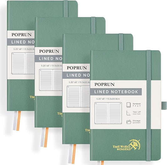 POPRUN Lined Journal Notebook for Women & Men, 4 PCS Medium Size 5.25''x 8'', 120GSM Thick Paper, 128 Numberd Pages, Hardcover, Index Tabs, College Ruled Notebook for Work - Midnight Green