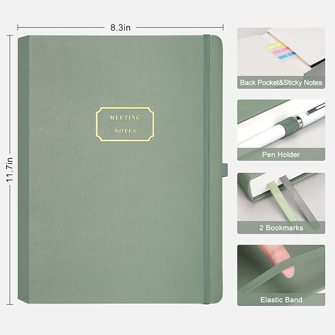 EMSHOI Meeting Notebook for Work with Action Items - 240 Pages A4 Large Project Planner Agenda Organizer Work Notebook for Women Men Office Business, PU Leather Hardcover, 8.5" x 11", Green