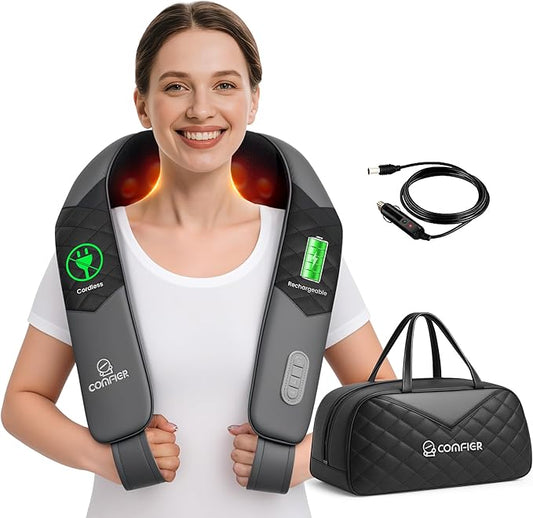 COMFIER Cordless Neck Massager with Heat, Back Massager for Pain Relief deep Tissue, 3D Shiatsu Neck Shoulder Massage with Carry Bag, Rechargeable Portable Ideal Gifts for Mom, Dad