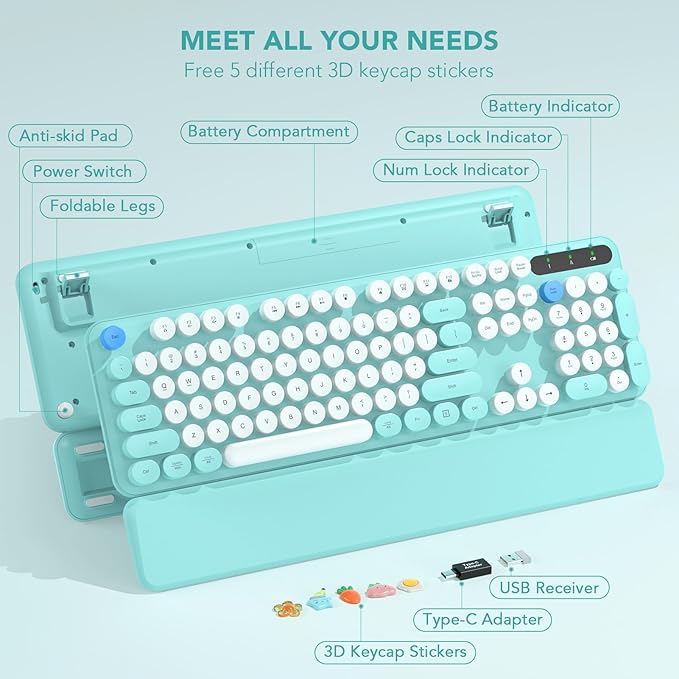 Wireless Keyboard, Round Keycaps, Retro Typewriter Keyboard with Detachable Wrist Rest, Sleep Mode, Foldable Legs, 2.4GHz Full-size Cordless Computer Keyboard for Windows/PC/Laptop (Robin Egg Blue)