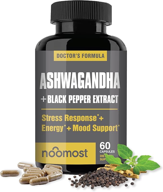 Organic Ashwagandha Capsules w/Black Pepper Extract as Vegan Ashwagandha Supplements for Anti Stress Relief, Natural Mood Support, Energy & Focus-60 Capsules