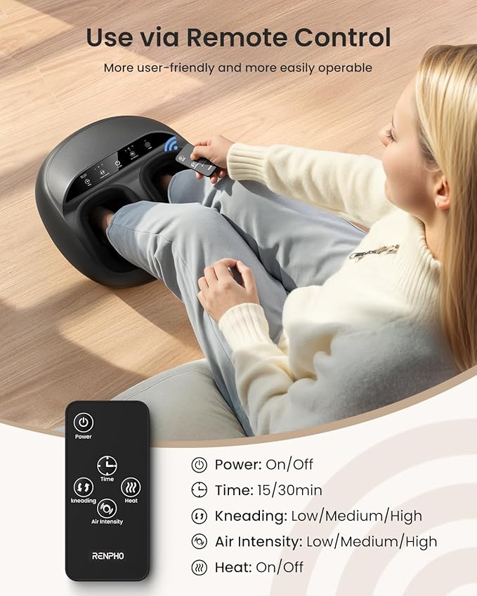 RENPHO Foot Massager Machine with Heat [2025 Upgraded], Shiatsu Foot Massager for Plantar Fasciitis, Birthday Gifts for Women, Wireless Control, FM059R-BK