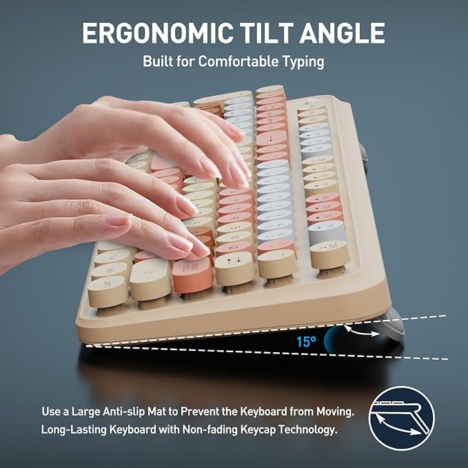 Cute Retro Wireless Keyboard and Mouse Combo with Round Key, 2.4Ghz Dropout-Free Connection, Typewriter Wireless Keyboard and Mouse Set for PC, Laptop, Desktop Computer - Brown Colorful