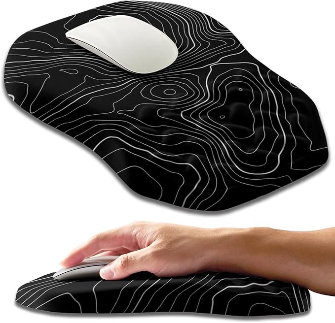 Ergonomic Slope Mouse Pad Wrist Support, Wrist Rest Mousepad for Carpal Tunnel Pain Relief with Massage Bulge and Slow Rebound Memory Foam (12x8 inch, Black Contour Lines)
