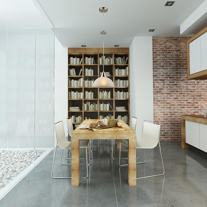 GLOBE Electric 64413 1-Light Plug-in Pendant, Brushed Steel, Frosted White Shade, 15ft Clear Cord, in-Line On/Off Switch, E26 Base Socket, Kitchen Island, Café, Hanging Light, Bulb Not Included