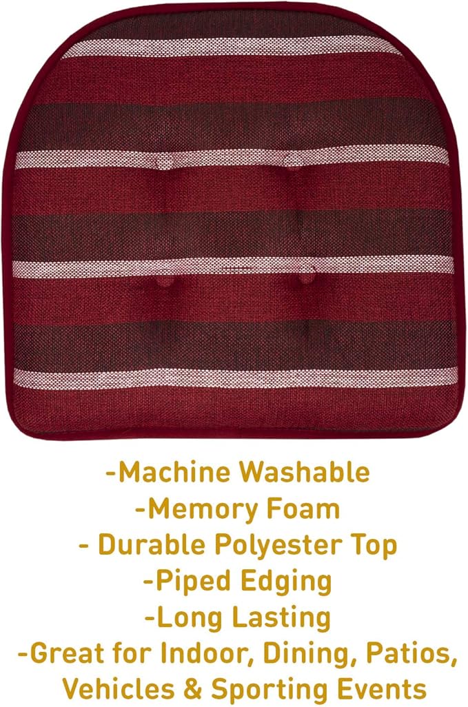 Sweet Home Collection Chair Cushion Memory Foam Pads Tufted Slip Non Skid Rubber Back U-Shaped 17" x 16" Seat Cover, 6 Pack, Bradford Burgundy, (Pack of 2)