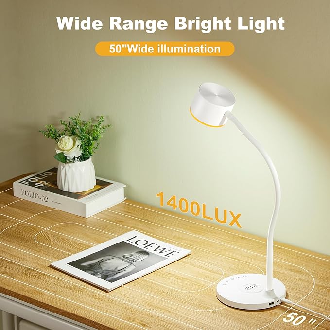 KAiSnova Desk Lamp for Office Home, Gooseneck Desk Lamp with Wireless Charger, Touch Table Lamp with USB C+A Charging Ports, 5 Colors Dimmable Bedside Reading Lamp for College Dorm Room White
