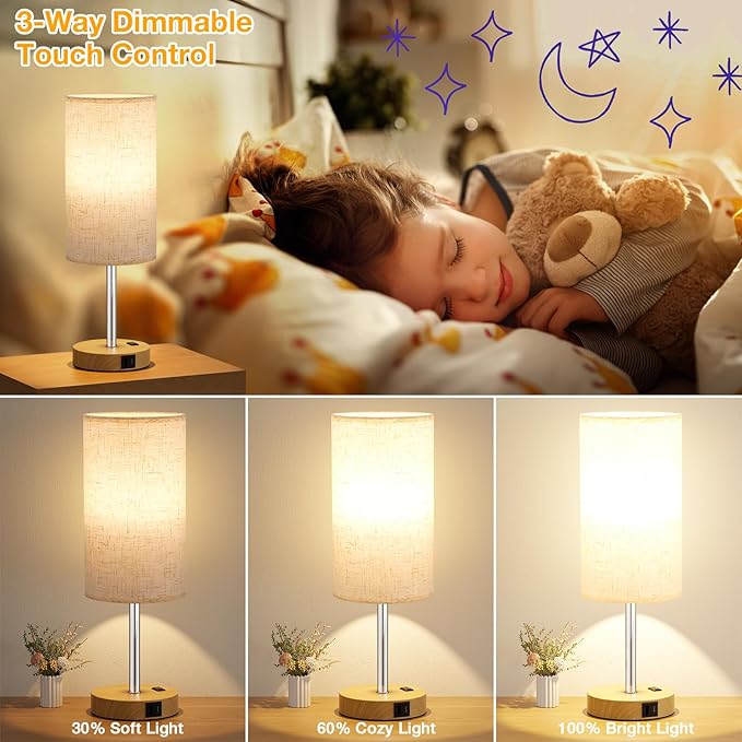 Touch Bedside Table Lamp with USB - 3 Way Dimmable Wood Lamp for Bedroom Nightstand, Desk Lamp with Charging Station for Dorm, Office, Kids Room, Living Room