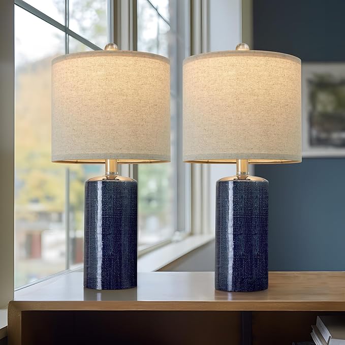 20.25/inch Modern Ceramic Table lamp Set of 2 Small Farmhouse Bedside lamp Dark Blue Nightstand Lamp End Table Lamps for Living Room Bedroom Study Office AMZ-T1109BL0