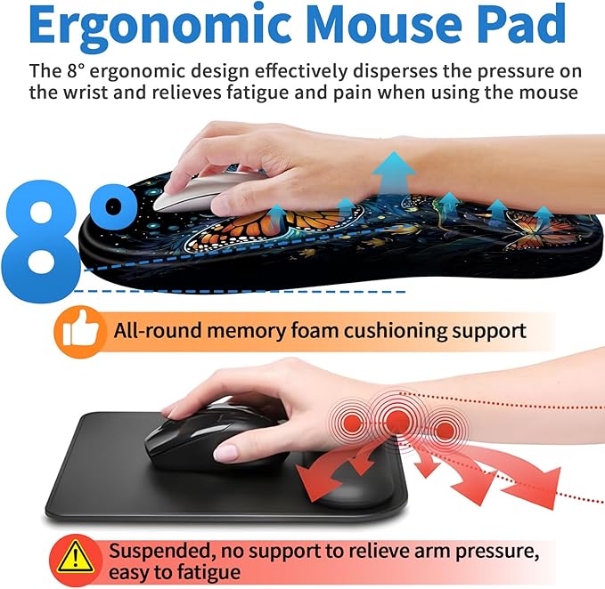 Ergonomic Mouse Pad with Wrist Rest Support, Mousepad with Comfortable Memory Foam Wrist Rest and Non-Slip PU Base for Pain Relief, Computer, Laptop, Office, Home (Butterfly)