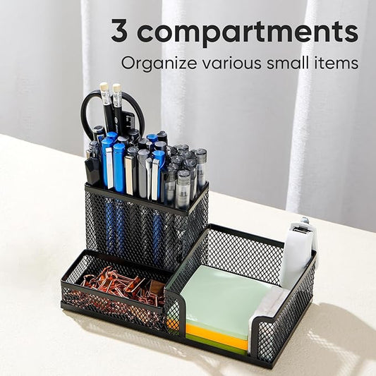 deli Mesh Desk Organizer Office Supplies Caddy with Pencil Holder and Storage Baskets for Desktop Accessories, 3 Compartments, Black