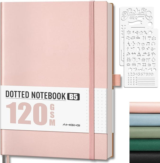 AHGXG Bullet Dotted Journal - Dot Grid Notebook Journal, 120 GSM Thick Acid-Free Paper, Large B5 Dotted Notebook 96 Pages, Leather Softcover, Inner Pocket, Journal Stencil, 7.6'' X 10'' - Rose Gold