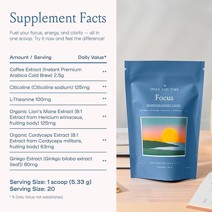 SPACE AND TIME Focus - Mushroom Coffee - 20 Cups of Focus, Productivity & Clean Energy - Instant Mushroom Coffee with Lions Mane, Cordyceps & L-Theanine