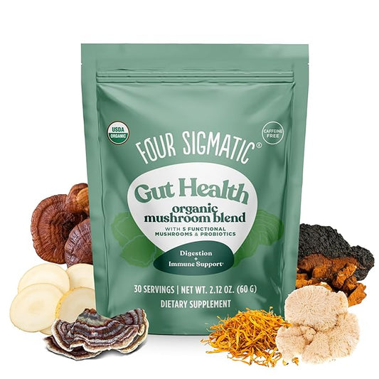 Four Sigmatic Gut Health Mushroom Blend | Organic Mushroom Powder Complex with Turkey Tail, Lion’s Mane, Cordyceps, Chaga, Probiotics and More | Natural Immune Support Supplement | 30 Servings