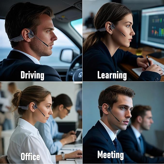 Bone Conduction Headphones with Microphone Boom, Wireless Bluetooth PC Headsets with Noise Canceling Mic for Work, Call, Meeting, 10 Hours Talk Time