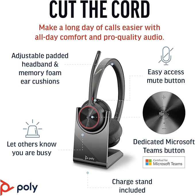 Poly Voyager 4320 UC Wireless Headset & Charge Stand - Noise-Canceling Wireless Headphones with Mic - Connect to PC via USB-C to USB-A Adapter, Cell Phone via Bluetooth, Microsoft Teams Certified