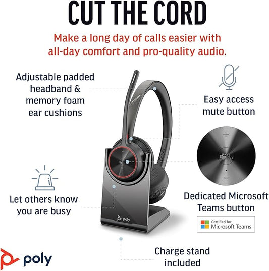 Poly Voyager 4320 UC Wireless Headset & Charge Stand - Noise-Canceling Wireless Headphones with Mic - Connect to PC via USB-C to USB-A Adapter, Cell Phone via Bluetooth, Microsoft Teams Certified