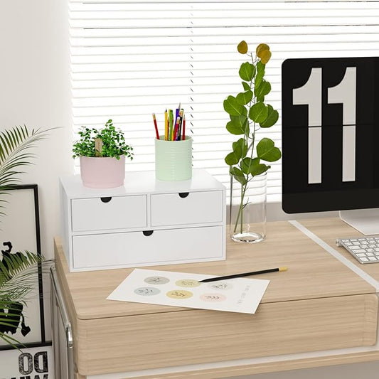 Wisuce Bamboo Desk Organizer - Mini Bamboo Desk Drawer Tabletop Cosmetic Storage Organization for Office or Home White