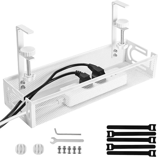 Under Desk Cable Management Tray – No Drill Cord Organizer & Power Strip Holder – Wire Cable Tray for Home Office Desk Setup (L-White)