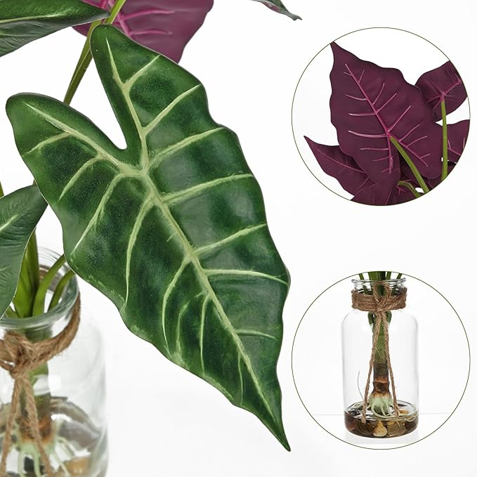 Briful 15'' Tall Fake Plants Alocasia Polly Faux Plant Indoor in Glass Vase with Stone and Faux Water, Realistic Artificial Root Propagation Plants for Home Farmhouse Table Bathroom Desk Decor