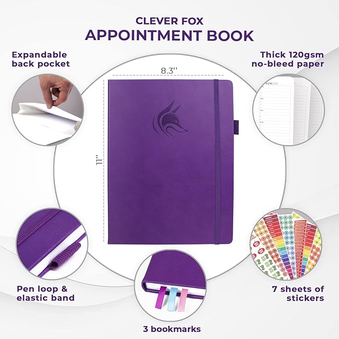 Clever Fox Appointment Book – Hourly Schedule Planner with 15-Minute Increments – Time Box Planner for Daily Work & To-Dos – Weekly & Monthly Spreads, Undated, Hardcover, 8.3x11″ (Purple)