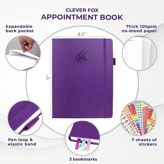 Clever Fox Appointment Book – Hourly Schedule Planner with 15-Minute Increments – Time Box Planner for Daily Work & To-Dos – Weekly & Monthly Spreads, Undated, Hardcover, 8.3x11″ (Purple)