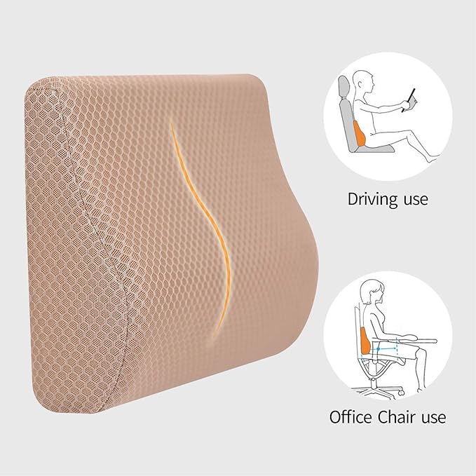 Memory Foam Lumbar Support Pillow for Car - Lower Back Support Cushion for Driving, Back Pain Relief for Car Seat, Office Chair, Wheelchair (Beige)
