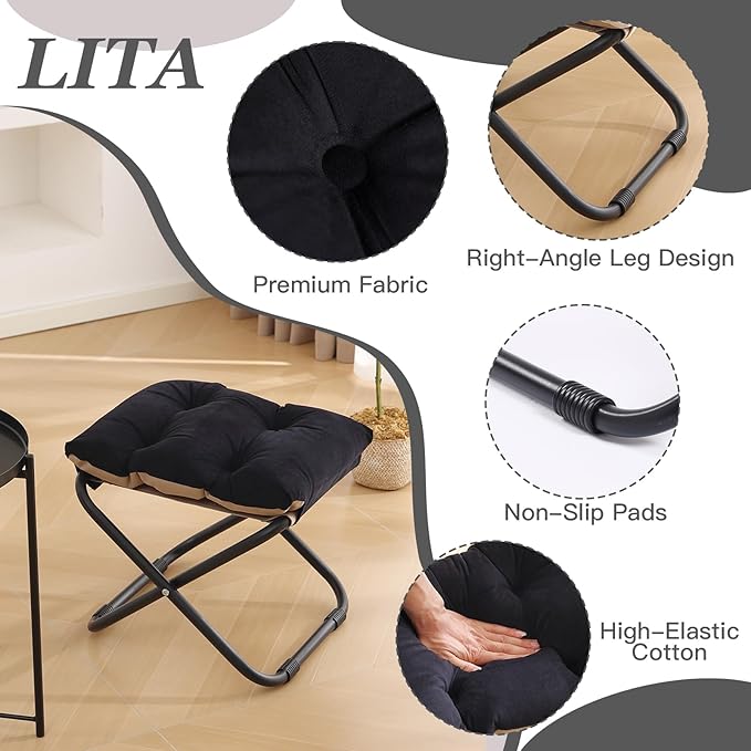 LITA Folding Upholstered Footrest Stool with Straight & Square Shape, Black