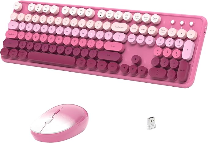 Wireless Keyboard and Mouse, Full-Size Retro Typewriter Keyboard with Round Keycaps, 2.4GHz for Windows, Mac, Laptop, PC, Desktop (Dark Pink Gradient)