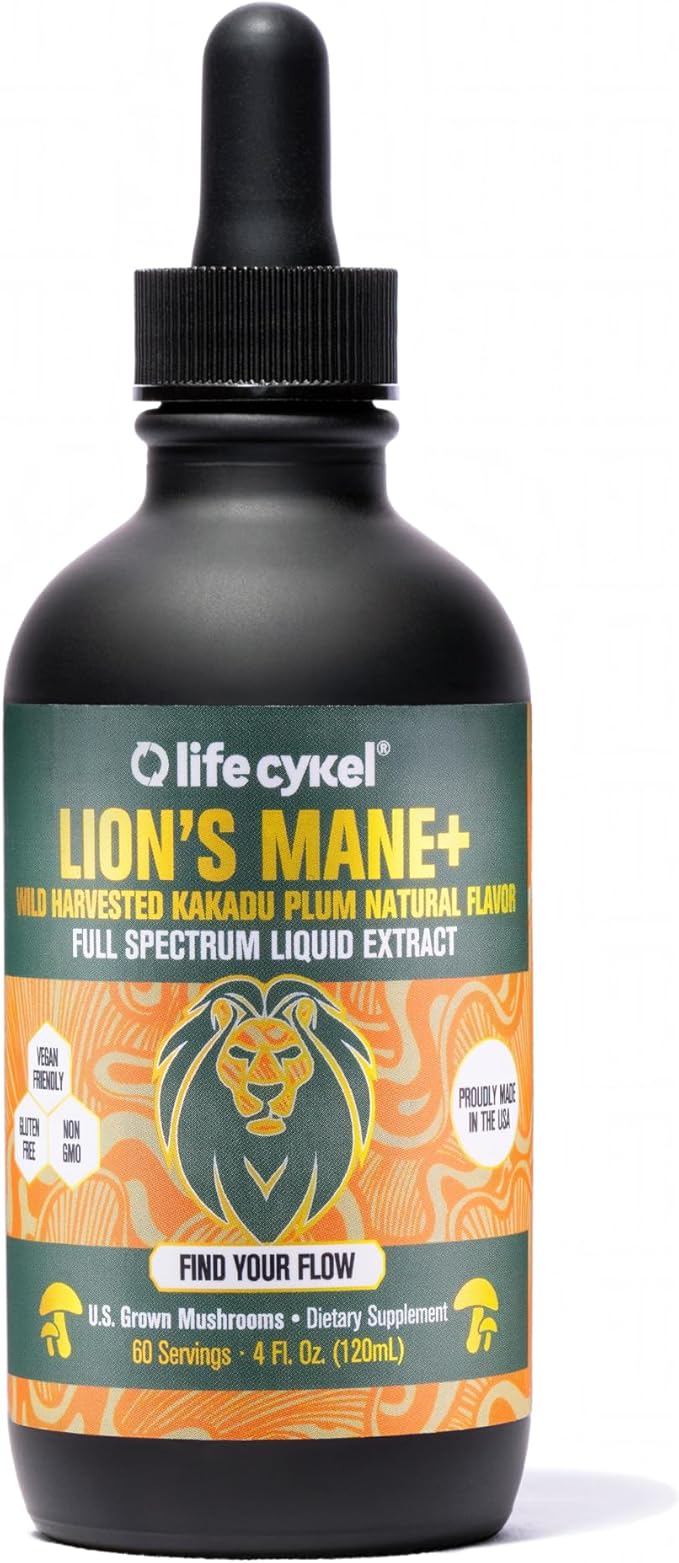 Lifecykel - Lion's Mane Mushroom Extract with Kakadu Plum - Brain Booster Nootropic for Memory, Focus & REM Sleep - Non-GMO, Organic Mushroom Tincture - 4 Fl Oz (60 Servings)