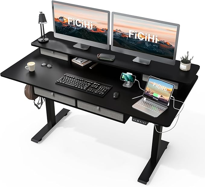 Adjustable Height Standing Desk with 4 Drawers,63 x 30 inches Electric Sit Stand Home Office Desk with Two Tiers, 3 Memory Presets, Monitor Stand Riser, USB A/C Charging Port