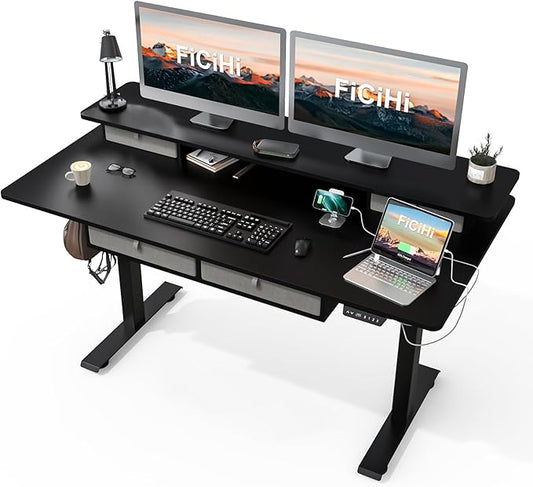 Adjustable Height Standing Desk with 4 Drawers,63 x 30 inches Electric Sit Stand Home Office Desk with Two Tiers, 3 Memory Presets, Monitor Stand Riser, USB A/C Charging Port