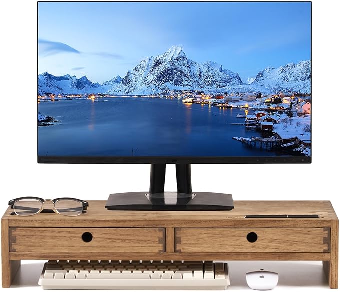 KIRIGEN Wood Monitor Stand with 2 Drawers - Computer Arm Riser Desk Storage Organizer,Speaker TV Laptop Printer Stand with Pen Slot and Cable Management,Dark Brown Desktop Shelf for Office DBR-2PMJ