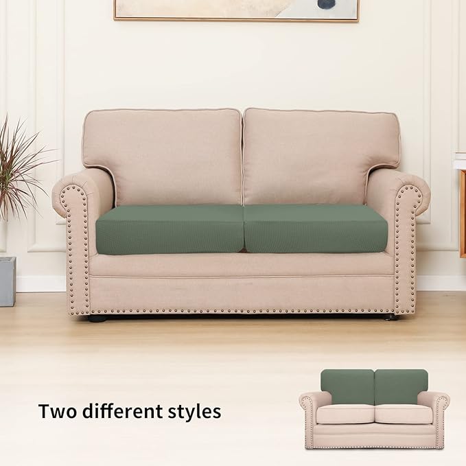 Easy-Going Stretch Individual Loveseat Couch Cushion Cover Sofa Cushion Furniture Protector Sofa slipcover Soft Flexibility with Elastic Bottom (2-Piece Loveseat Cushion Cover, Greyish Green)
