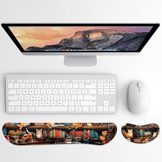 Dapesuom Enlarge Keyboard Wrist Rest, Memory Foam Wrist Cushion for Desk Mats Support, Cute Typing Pain Relief Keyboard Mouse Pad Rests Set with Non-Slip Base for Gaming Laptop Computer, Library Cats