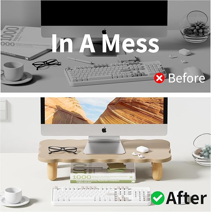 Monitor Stand Riser,Cookie-Shaped Sturdy Wood Computer Monitor Stand, Monitor Stand Riser, Multi-Purpose Desktop Organizer Riser for Computer,Laptop,Printer,TV,khaki