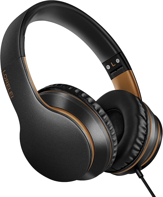 LORELEI X6 Over-Ear Headphones With Microphone, Lightweight Foldable & Portable Stereo Bass With 1.45M No-Tangle Wired for Smartphone Tablet MP3/4 (Black-Gold)