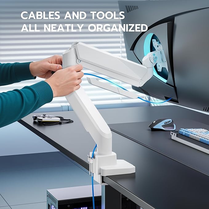 ARES WING Single Monitor Arm, Heavy Duty Adjustable Monitor Arm for 13"-49" Screens with USB, Gas Spring Desk Mount Stand with C Clamp/Grommet Mounting Base up to 40lbs Computer, White