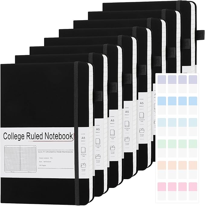 A5 Lined Journal Notebooks for Work, 192 Pages, Medium 5.7 x 8.3inch, College Ruled, Vegan Leather Hardcover Journals for Women Men,8 Pack