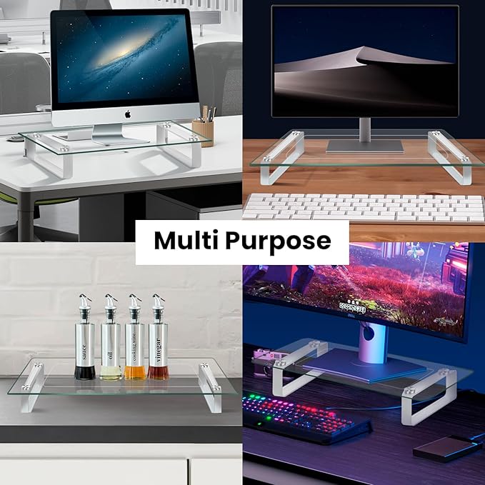 Glass Monitor Stand for Desk, 22Lx8Wx3.5H Inches, Clear Computer Monitor Riser, Large Monitor Stand for Laptop, Desk Organization, Office Supplies