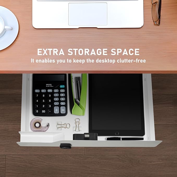 Under Desk Drawer with Lock Fingerprint, 16" W x 11.8" D x 6.3" H, Lockable Under Desk Slide Out Drawer, White