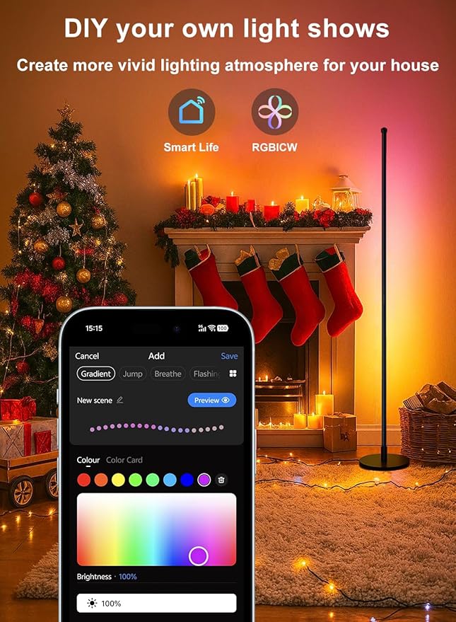 Corner Floor Lamp, Smart RGBICW LED Corner Lamp with App and Remote Control, 16 Million DIY Colors, Music Sync, Modern LED Floor Lamp for Living Rooms, Bedrooms, and Gaming Rooms