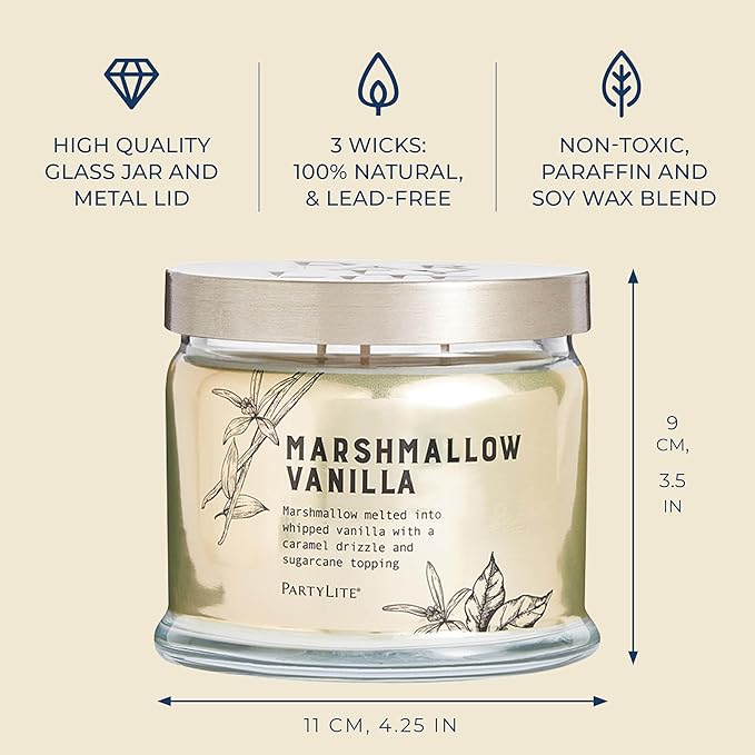 PartyLite Marshmallow Vanilla Scented with Caramel & Sugarcane Notes, 13.2oz 3-Wick Jar Candle, 45 Hour Burn Time, Luxurious Fragrance, Ideal for Gifting