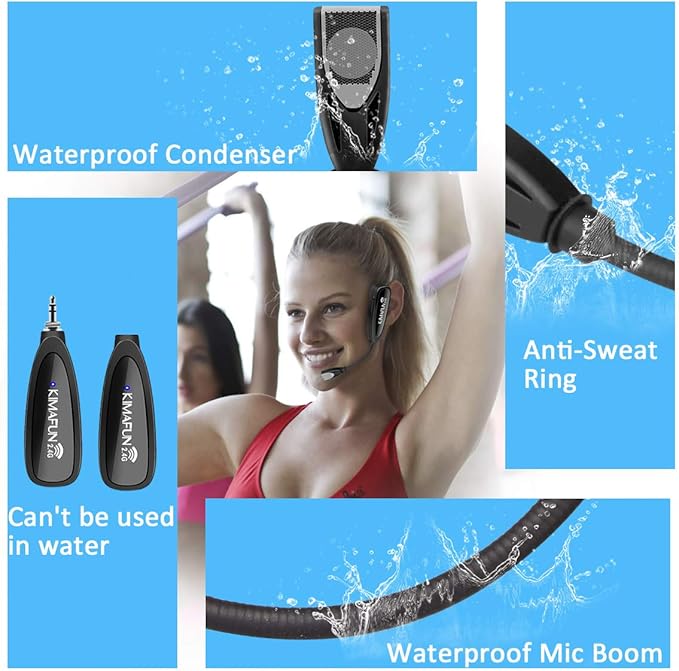 KIMAFUN Headset Wireless Microphone System, No Need Bluetooth, Waterproof Head Mic for Fitness Instructor, Teaching Online, Yoga Classroom, Spinning Coach, Speaker, iPhone, Android Phone, G100-1