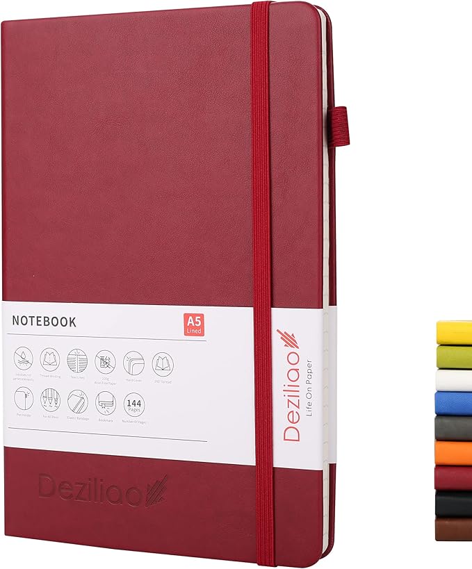 Deziliao Lined Journal Notebooks with Pen Loop, Hardcover Notebook Journal for Work, 100Gsm Premium Thick Paper with Inner Pocket, Medium 5.7"x8.4", （Red, Ruled）
